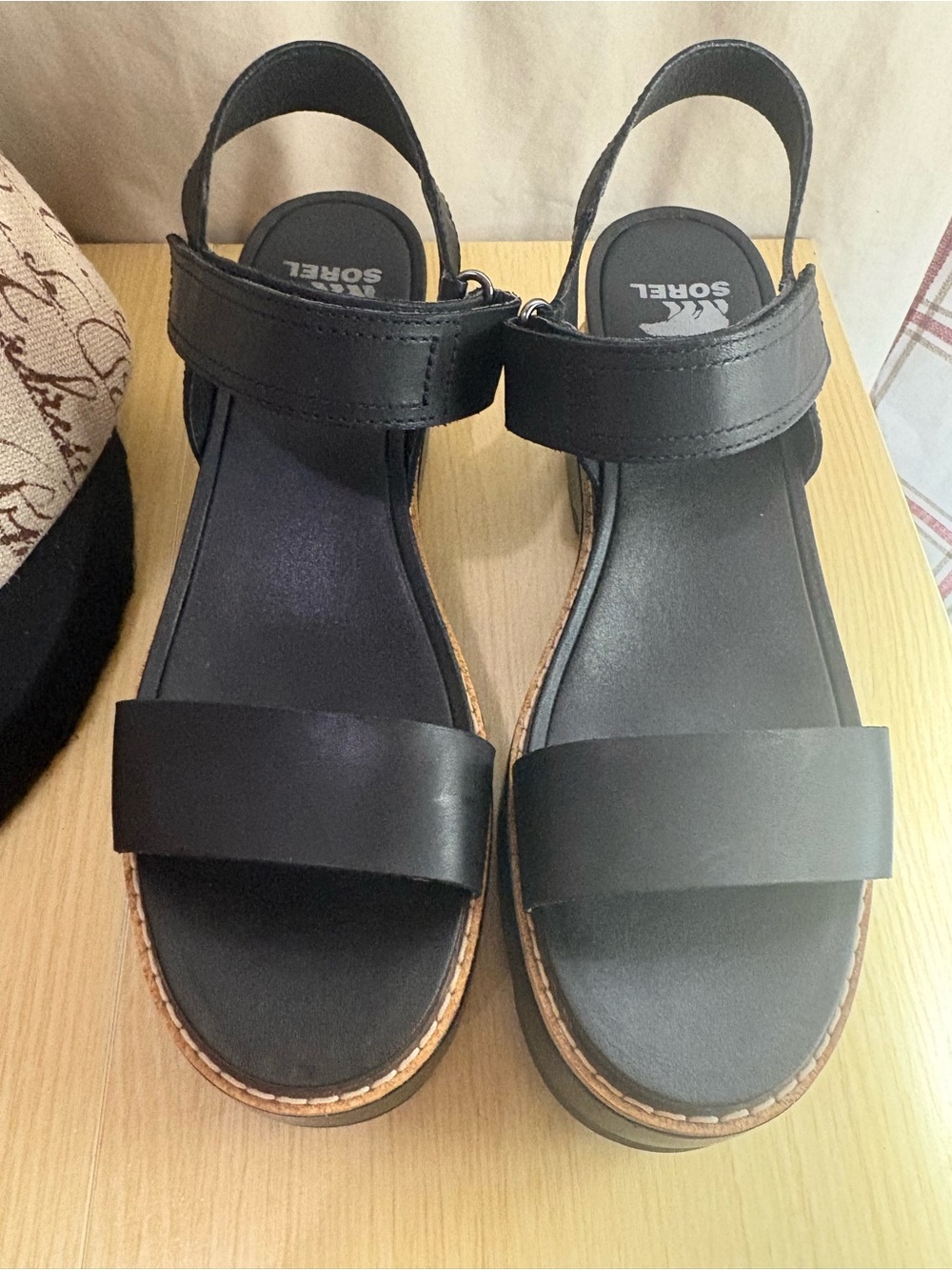 Sorel Black Leather Ankle-Strap Platform Sandals